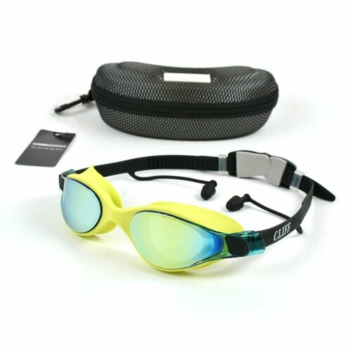 Очки для плавания взрослые с футляром и берушами Cliff Жёлтые очки для плавания взрослые cliff 031mm цвет синий