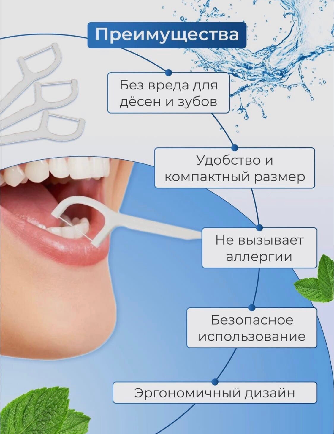 Зубочистка и зубная нить (50 штук) Флоссер.