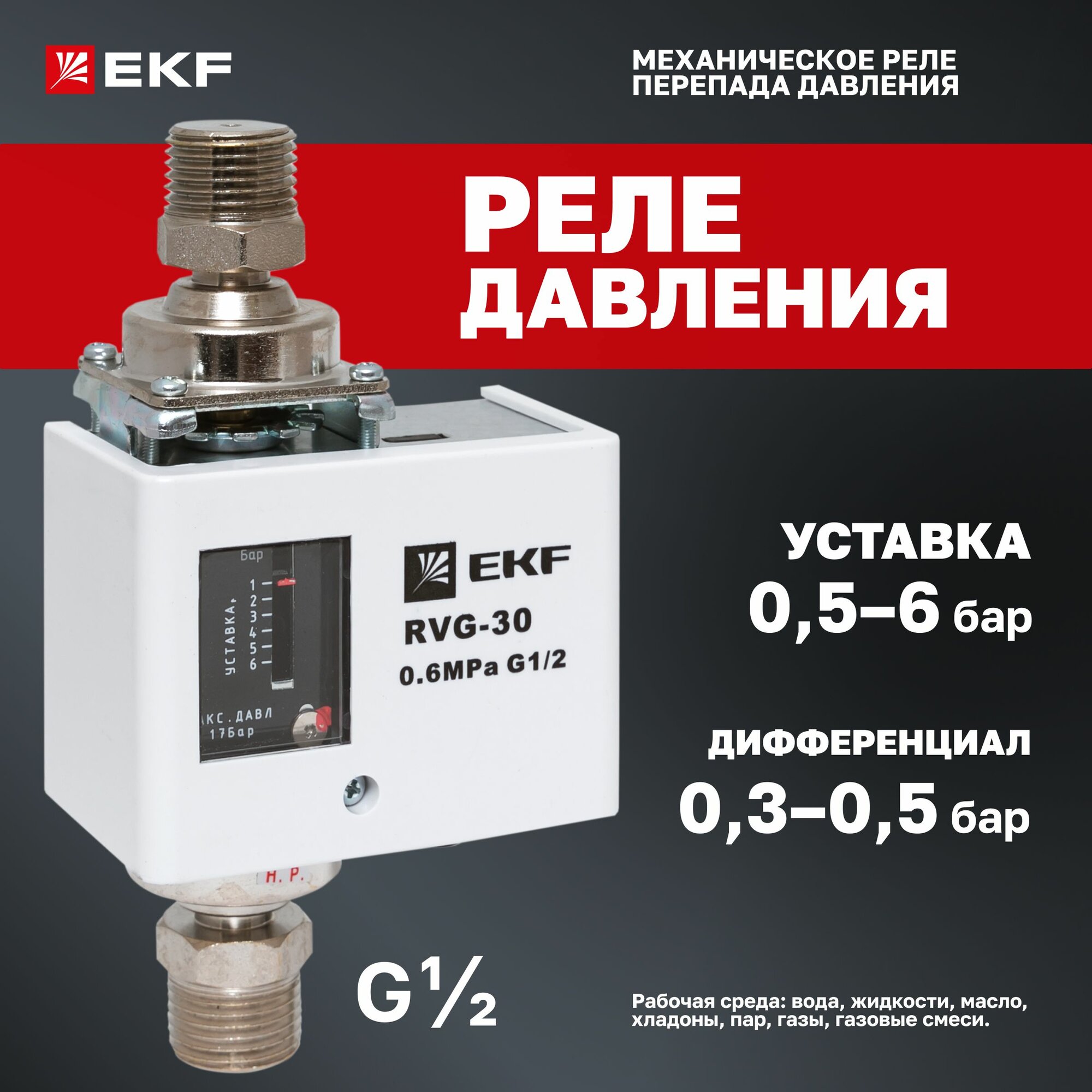 Реле давления воды для насоса механическое, дифференциального (перепада) давления EKF RVG-30-0,6-2 (0,6 МПа) подходит также для других жидкостей, масел, хладонов, пара, газов и газовыхсмесей