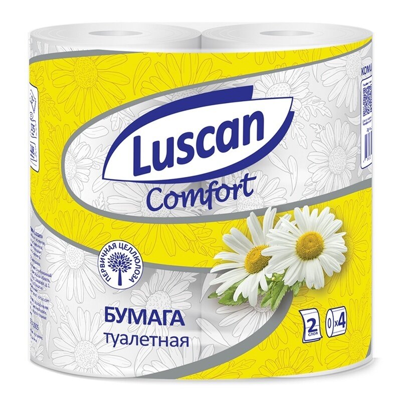 Бумага туалетная Luscan Comfort, 2 слоя, белая, Ромашка, 100% целлюлоза, 21,9 м, 4 шт