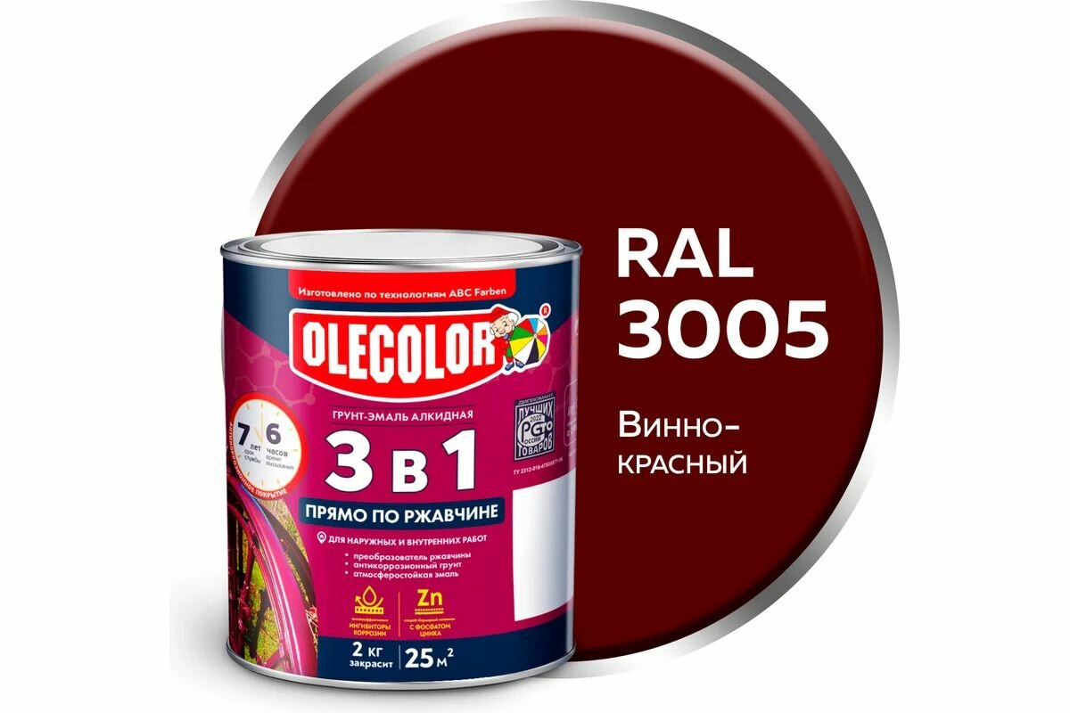Грунт-эмаль по ржавчине OLECOLOR Винно-красный RAL 3005 2 кг