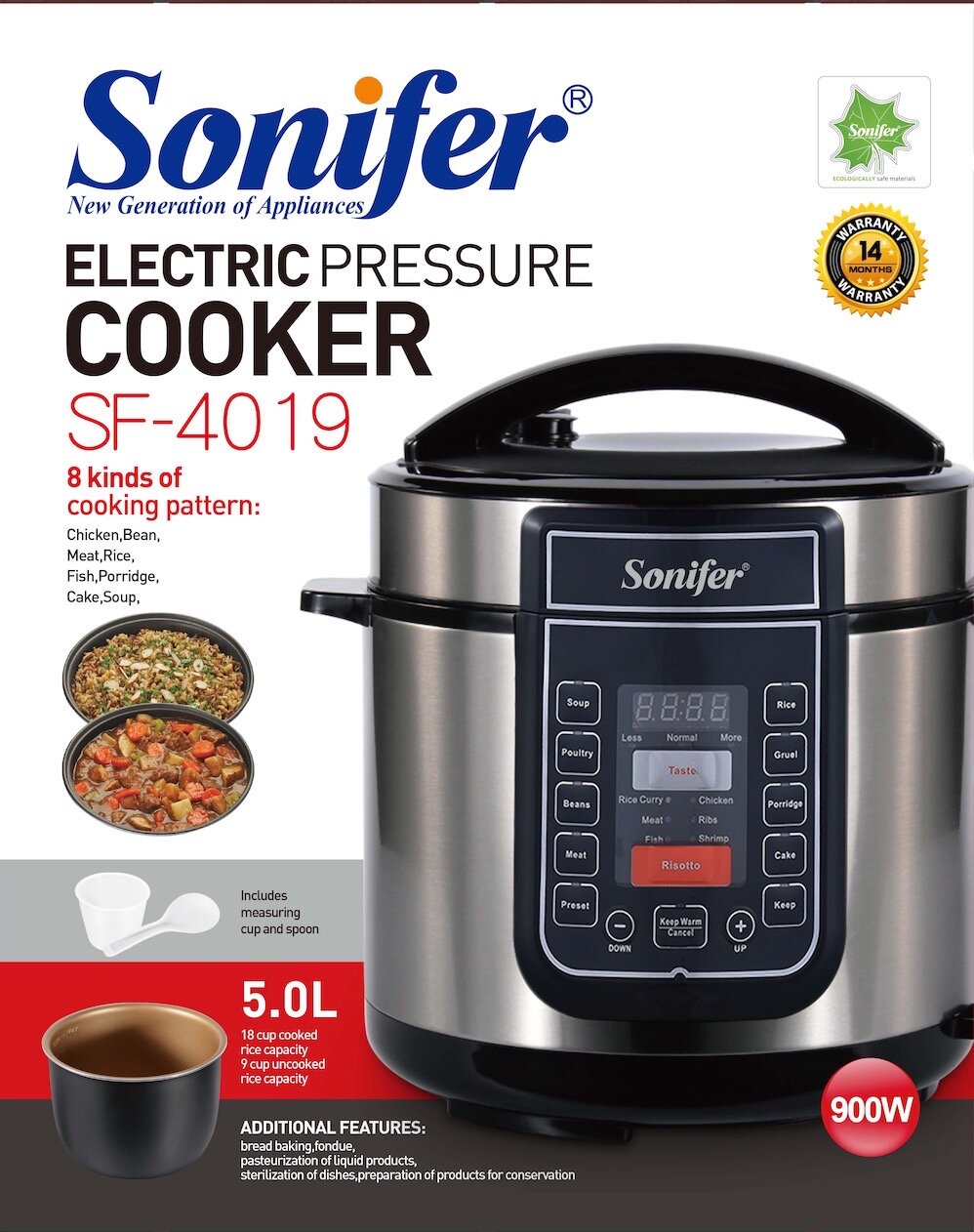 Мультиварка Sonifer SF-4019, 5л, мощность 900Вт, 12 программ, антипригарное покрытие — фото 1