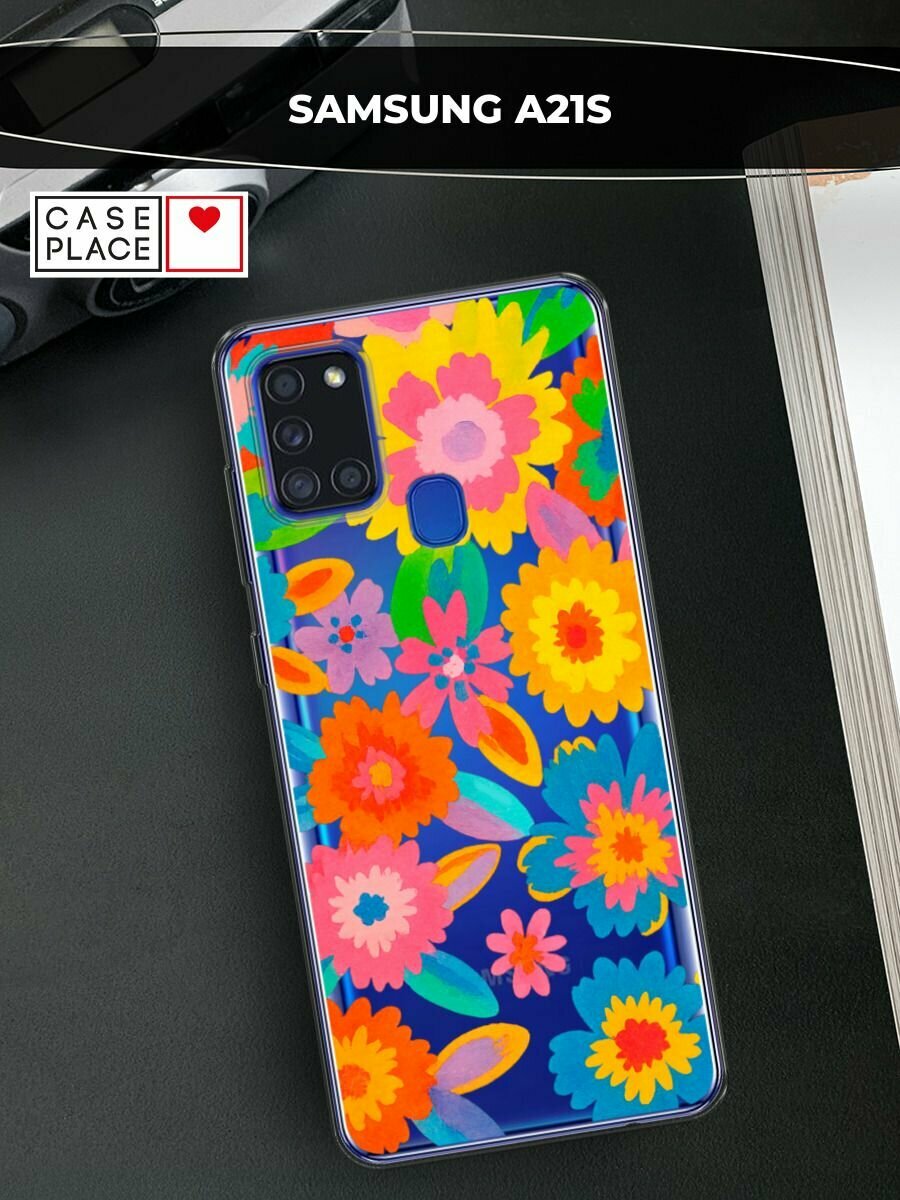 Чехол на Samsung Galaxy A21s / Самсунг Галакси A21s с принтом "Абстрактные яркие цветы", прозрачный