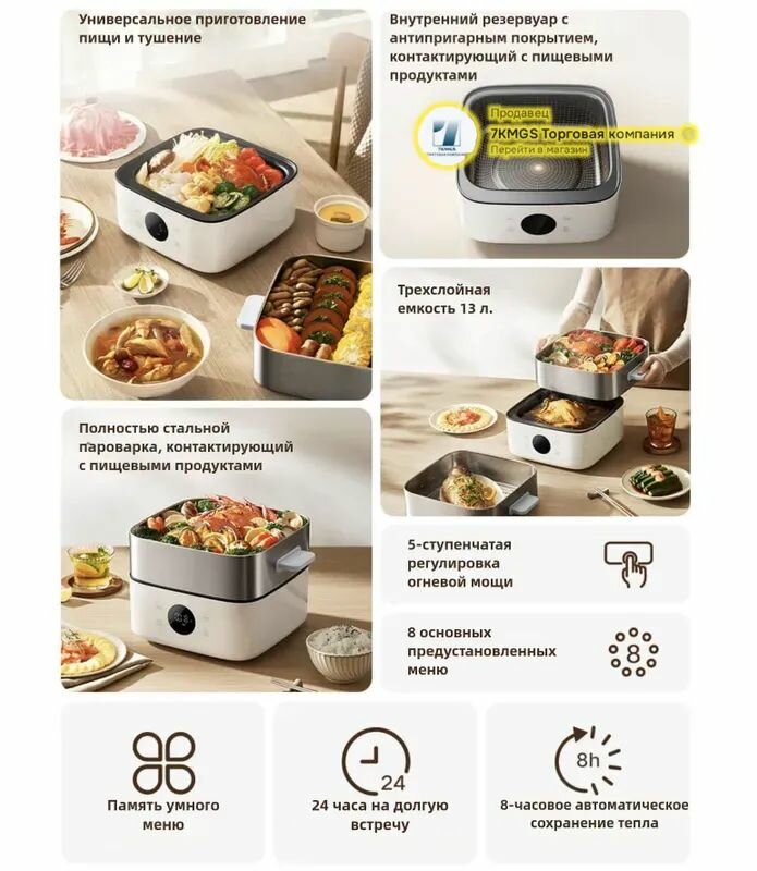 Пароварки Xiaomi Xiaomi Пароварка электрическая Mijia Multifunctional electric cooker S1 13L1500W NTC MES03, белый