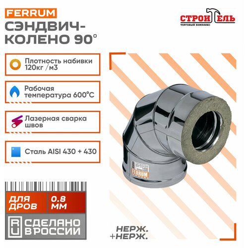 Колено-сэндвич 90 (430 0,8мм + нерж.) Ф120х200 Ferrum сэндвич колено нерж нерж aisi 430 0 5мм 90 градусов 3 секции 200х300