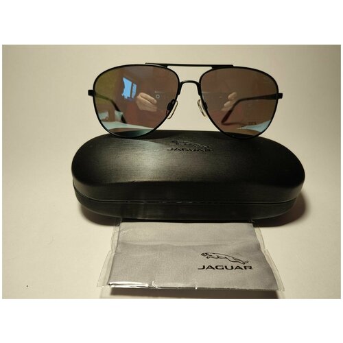 Солнцезащитные очки Jaguar, авиаторы, оправа: металл, с защитой от УФ, зеркальные, поляризационные, черный