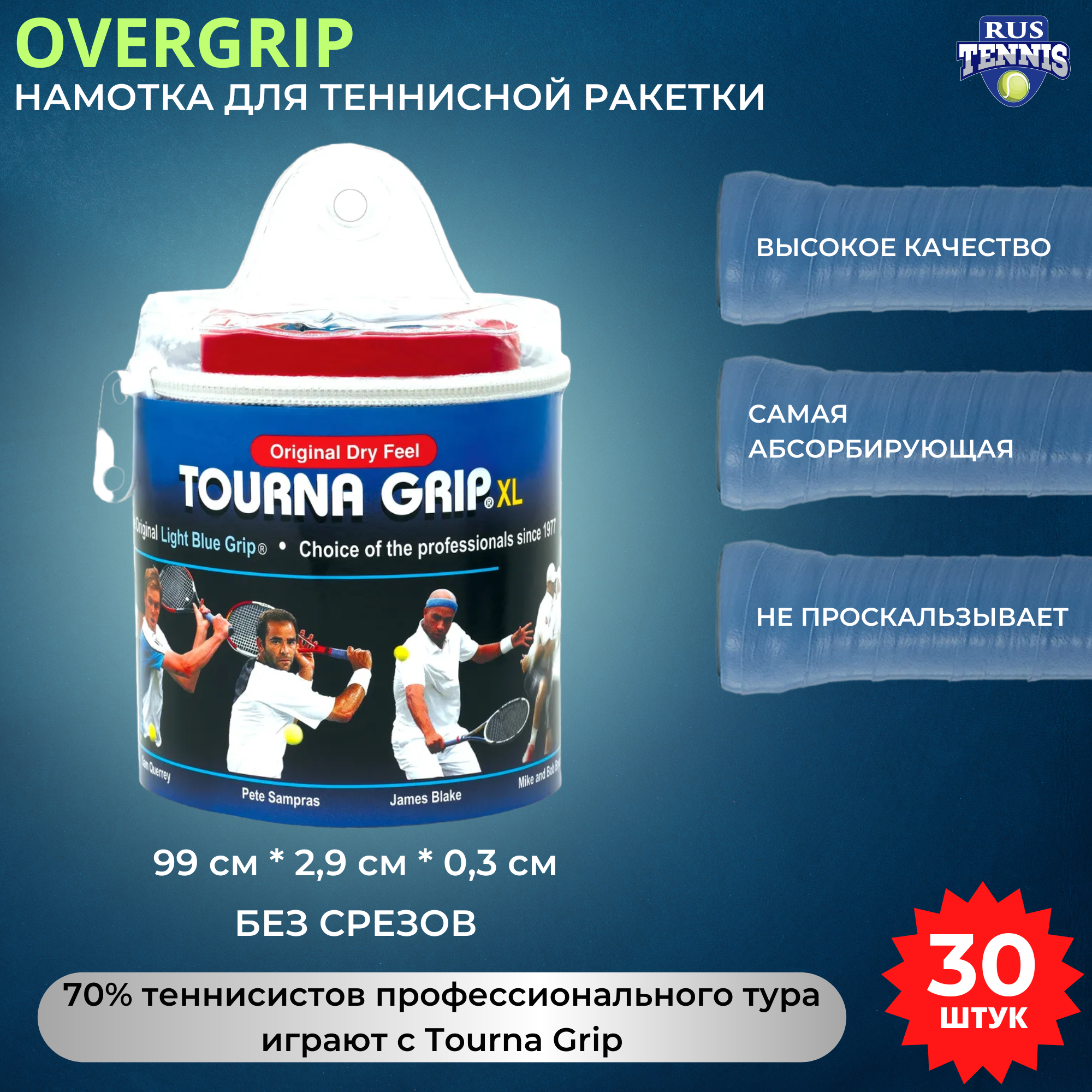 Намотка / Овергрип на ракетку для большого тенниса Tourna Grip синяя, 30 шт