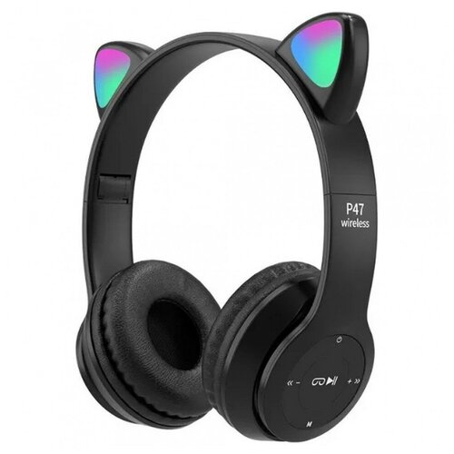 Наушники беспроводные Bluetooth Cat Ear P47M со светящимися кошачьими ушками - черный беспроводные наушники со светящимися ушками cat ear p33m с bluetooth mp3 fm aux mic led мятный