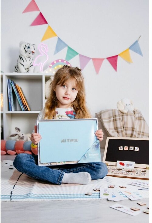 Ноутбук детский деревянный, CHIDI, сортер игрушка монтессори, голубой