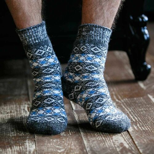 фото Мужские носки русская шерсть, 1 пара, на 23 февраля, усиленная пятка, вязаные, на новый год, утепленные, размер 41-43, голубой, серый