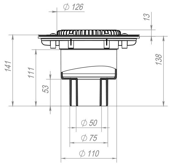 Воронка кровельная VB 310.0 F вертикальный выпуск DN50/75/110 без фланца, плоский листвоуловитель, Fachmann 01.185 - фотография № 5