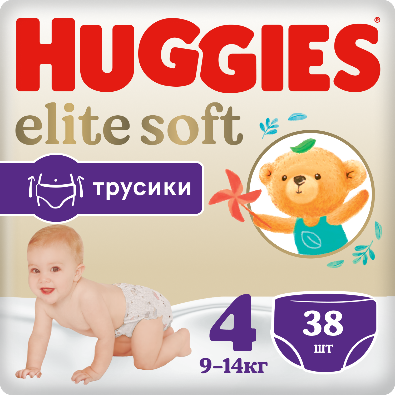 Huggies Elite Soft трусики 4 (9-14 кг) новый дизайн, 38 шт., белый