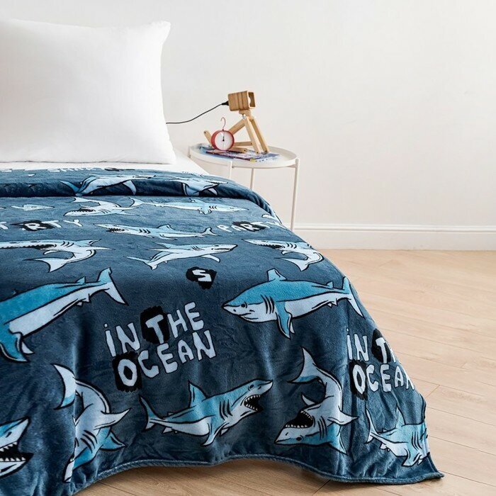 фото Плед Павлинка Акулы 100х150см, синий, аэрософт 190г/м, 100% полиэстер