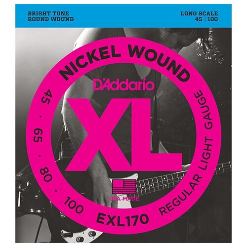 набор струн d addario xl nickel wound exl170 12 1 уп EXL170 XL NICKEL WOUND Струны для бас-гитары Long Regular Light 45-100 D`Addario