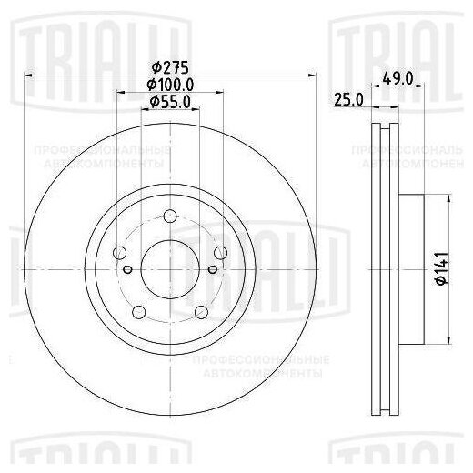 Диск тормозной передний для автомобилей Toyota Caldina (02-)/Celica (99-)/Allion (01-) d=275 DF 190107 TRIALLI