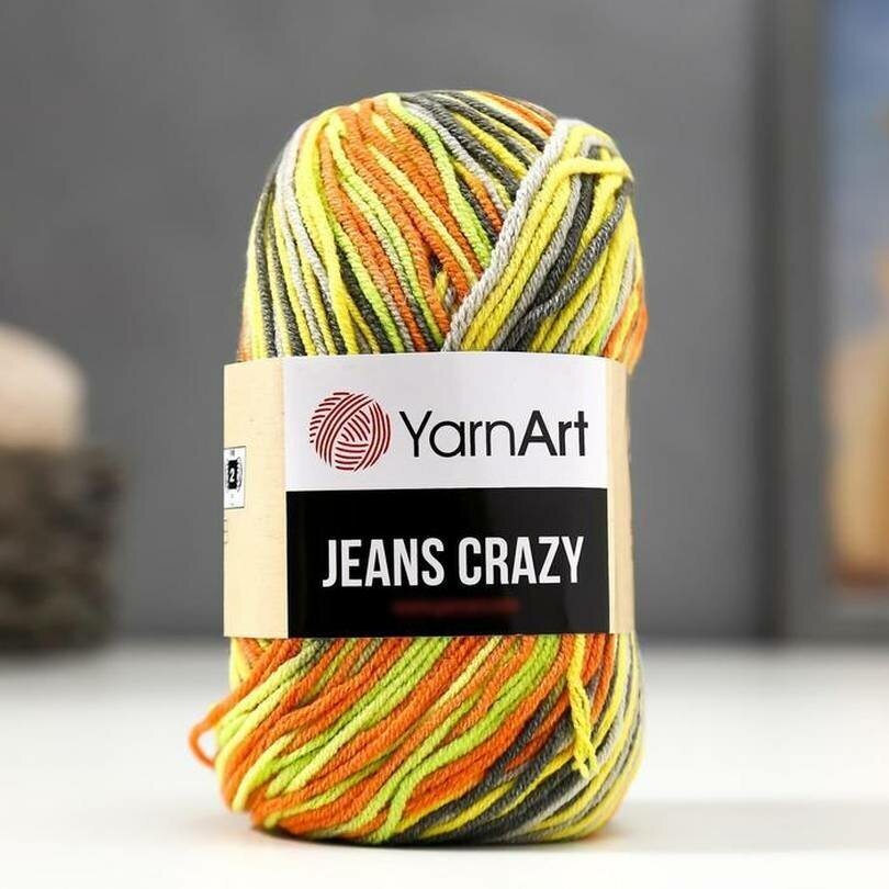 Пряжа YarnArt Jeans CRAZY желтый-оранжевый-салатовый-серый меланж (7201), 55%хлопок/45%акрил, 160м, 50г, 1шт - фотография № 10