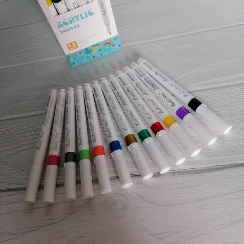 Набор акриловых маркеров, 12 цветов, для любой поверхности, 1 мм, пулевидные, яркие цвета centrum набор акриловых маркеров 89730 разноцветные 12 шт