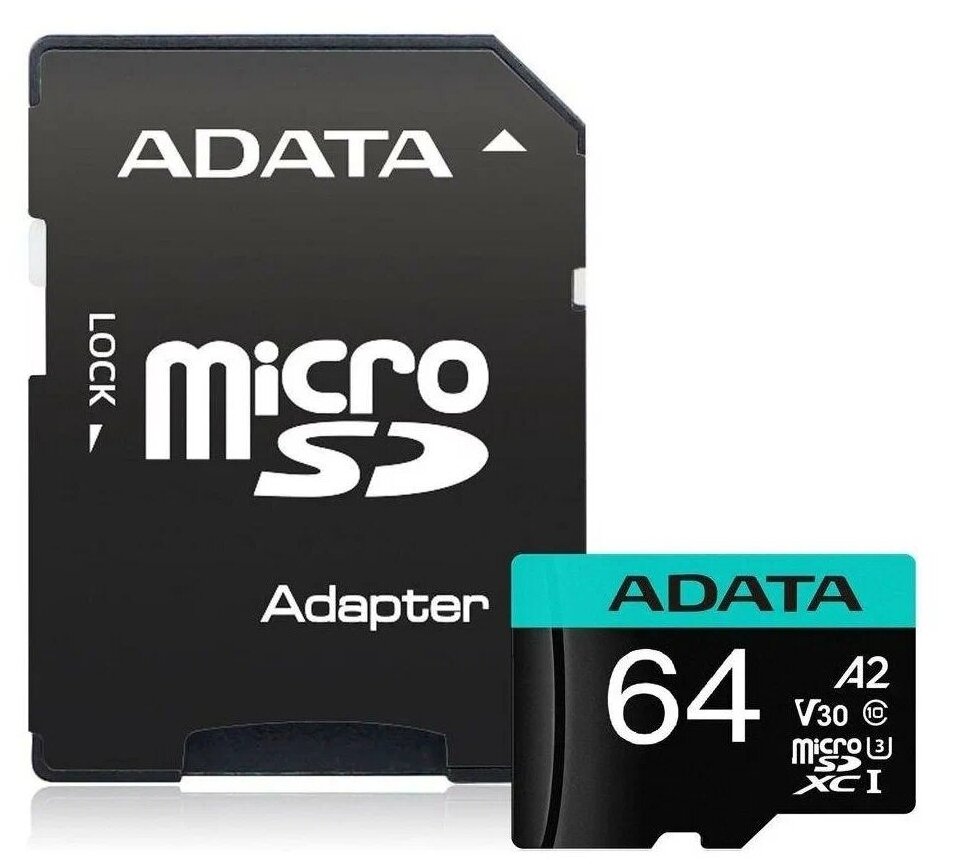 Карта памяти MICRO SDXC 64GB W/ADAP. AUSDX64GUI3V30SA2-RA1 ADATA