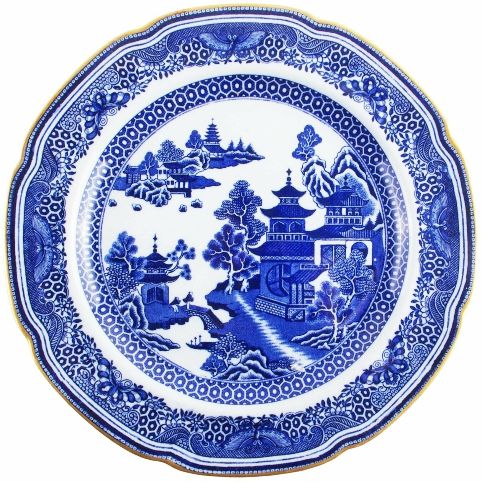 фото Винтаж. Столовая тарелка "Синяя ива". Диаметр 25,5 см. Фаянс, деколь, золочение. Spode, Великобритания, середина 20 века.