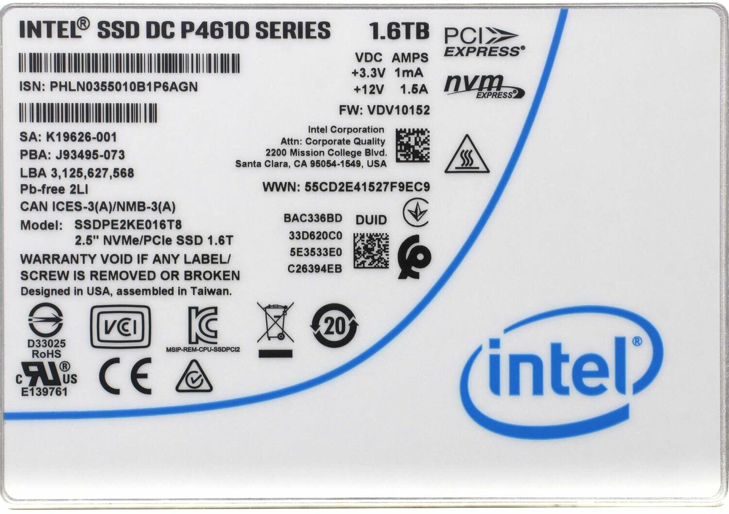 SSD накопитель INTEL DC P4610 1.6ТБ, 2.5", PCI-E x4, NVMe, U.2 SFF-8639 - фото №7