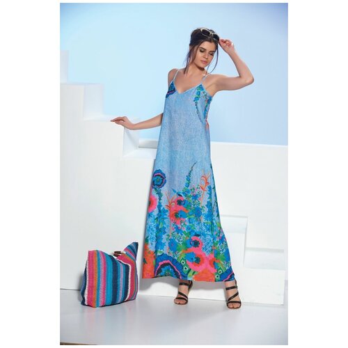 Gizzey, размер xl, голубой платье длинное на тонких бретелях цветочный принт 46 разноцветный