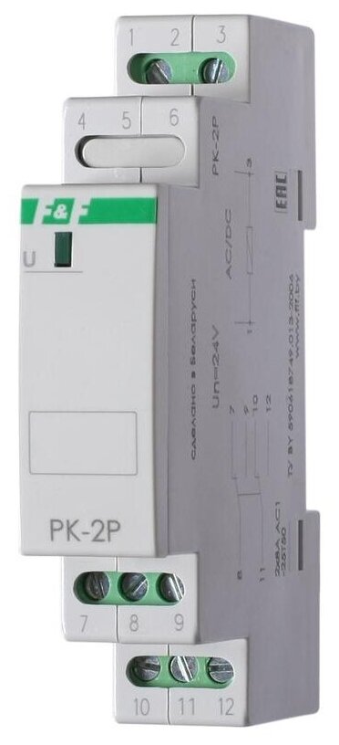 Реле промежуточное PK-2P/Un (монтаж на DIN-рейке 35мм 24В AC/DC 2х8А 2P IP20) F&F евроавтоматика EA06.001.008 (1 шт.)