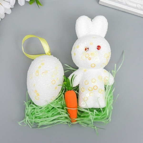 Декор "Зайчик с яйцом и морковкой в посыпке" набор 12 см - фотография № 1