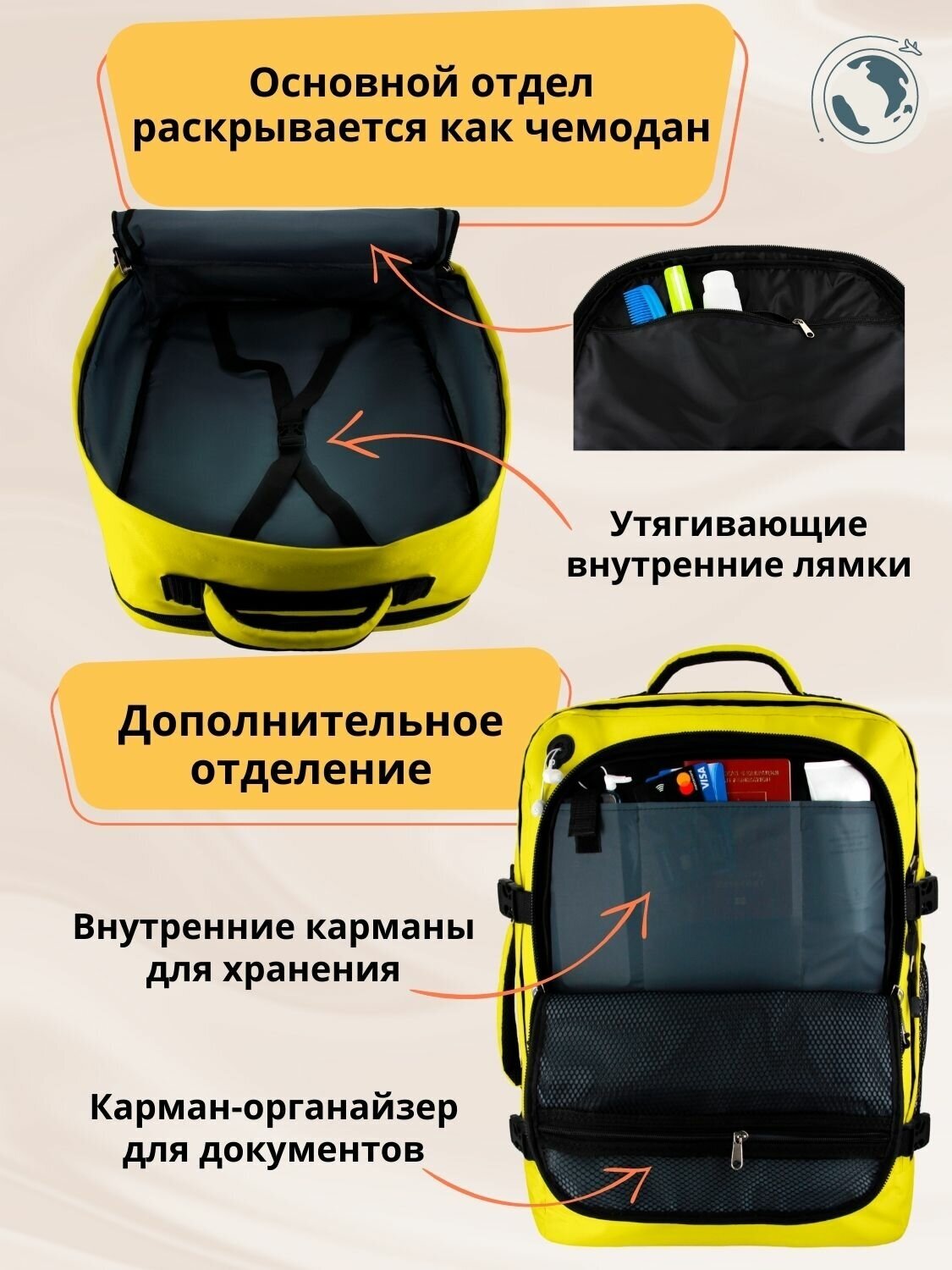 Рюкзак сумка чемодан ручная кладь S в самолет дорожная 44 л, желтый - фотография № 2