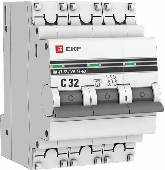 Выключатель автоматический модульный 3п C 32А 4.5кА ВА 47-63 PROxima EKF mcb4763-3-32C-pro