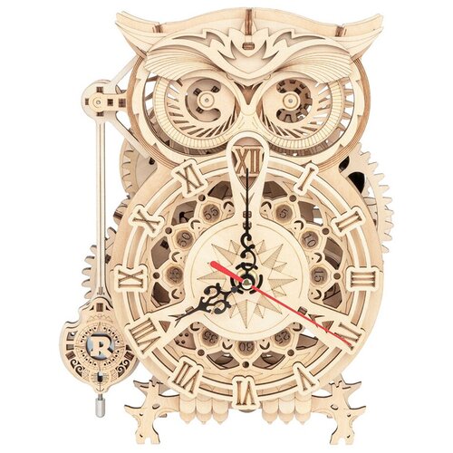 фото Деревянный механический конструктор robotime часы-сова owl clock