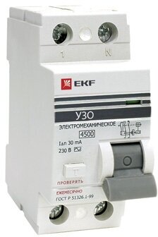 Устройство защитного отключения УЗО ВД-100 2 полюса, 63А, Тип AC, 30мА | код. elcb-2-63-30-em-pro | EKF (4шт. в упак.)