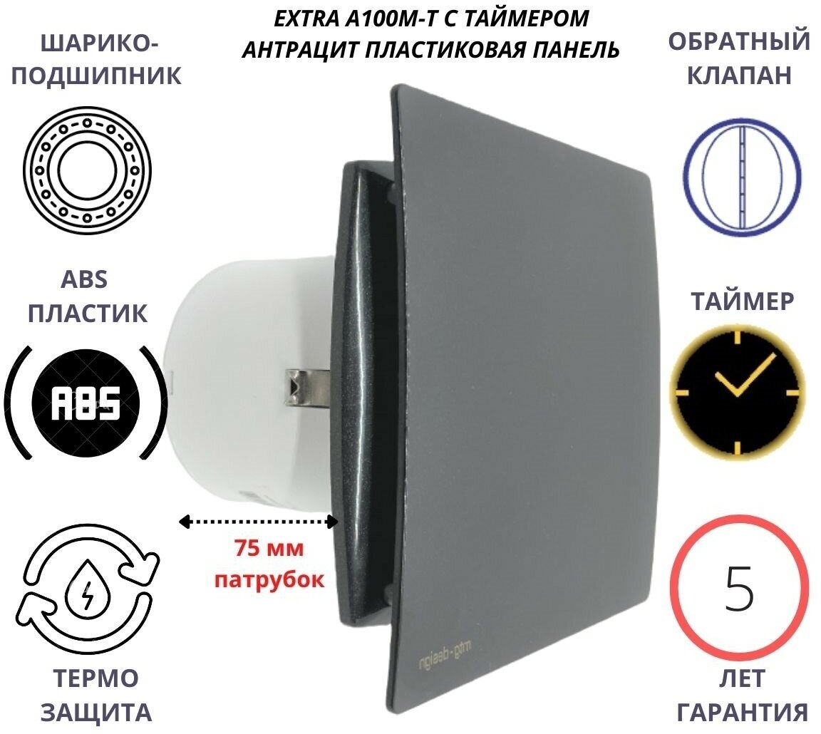 С таймером вытяжной вентилятор, D100мм, с пластиковой панелью цвета антрацит и с обратным клапаном 100M-T/PVC ANTRACIT, Сербия