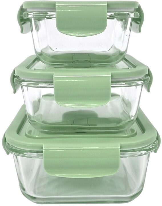 Набор стеклянных контейнеров для еды и хранения продуктов, с герметичной крышкой, 3 шт.: 400 мл, 600 мл, 1000 мл, зеленые - фотография № 4