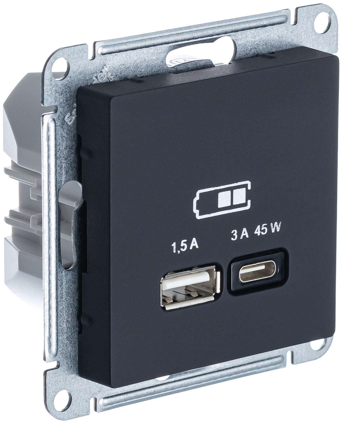 USB Розетка A Systeme Electric (Schneider Electric) AtlasDesign + тип-C 45W высокоскоростная зарядка QC, PD, механизм, КАРБОН - фото №2