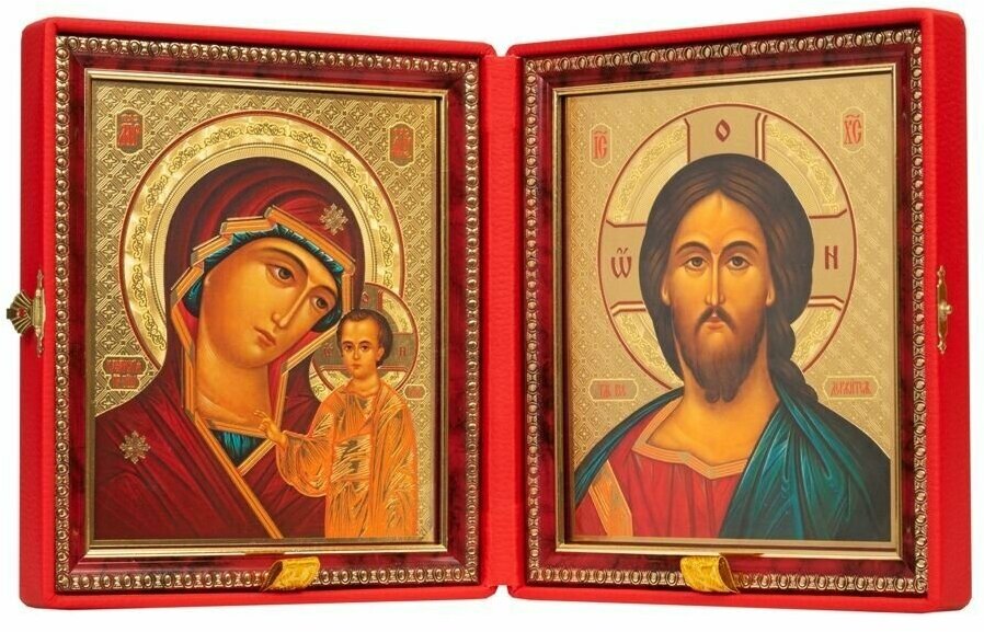 Складень венчальный, красная кожа, узорные вышитые уголки и крест. Венчальная пара икон - Пресвятая Богородица и Спаситель