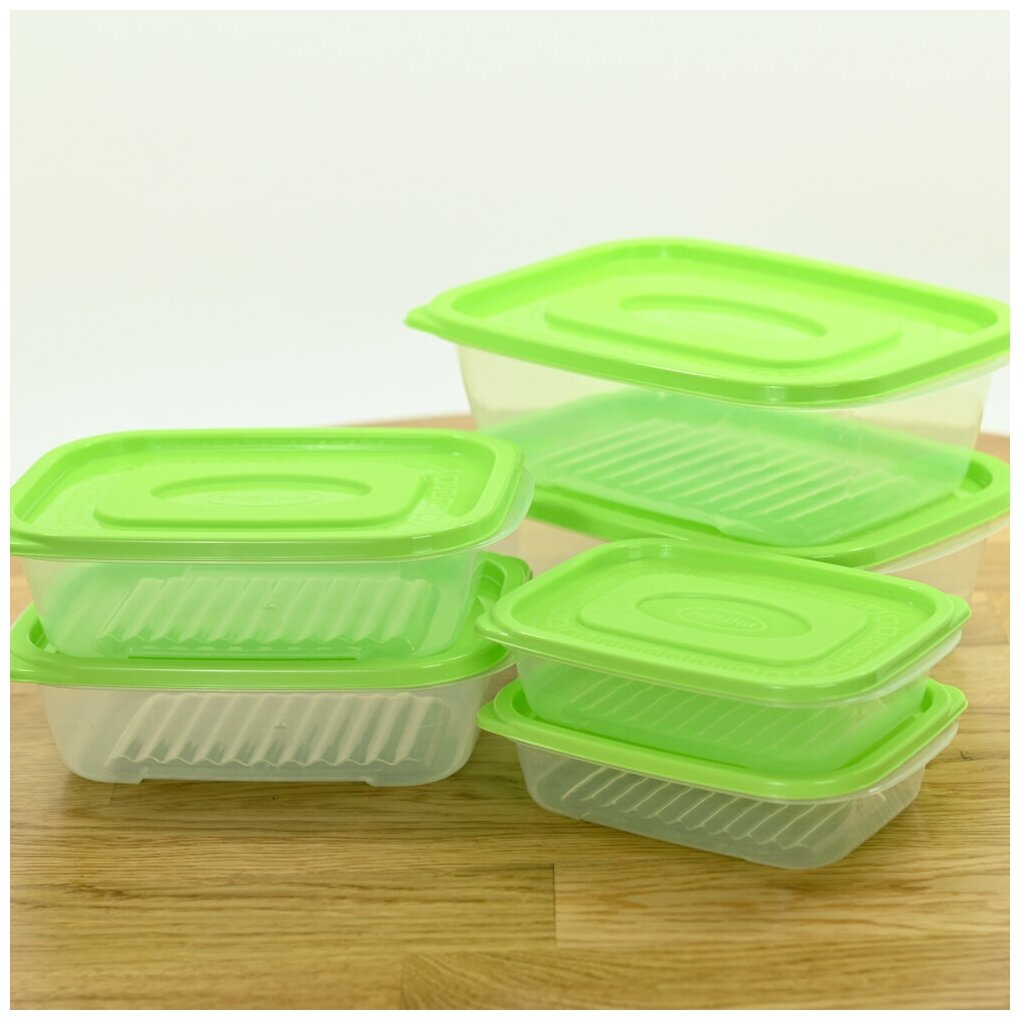 Набор контейнеров 6 шт (2х0.6л, 2х1.1л, 2х2.0л) для холодных и горячих продуктов, цвет салатовый
