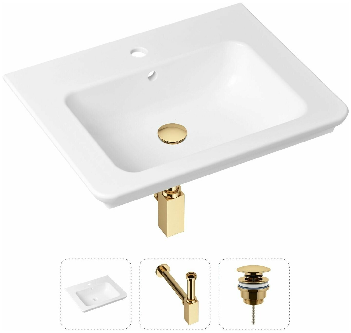 Врезная раковина в ванную Lavinia Boho Bathroom Sink 21520398 в комплекте 3 в 1: умывальник белый, донный клапан и сифон в цвете золото