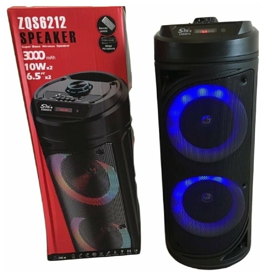 Портативная колонка (ZQS-6212) Bluetooth/USB/MicroSD/FM/ (черная) с пультом ДУ и микрофоном