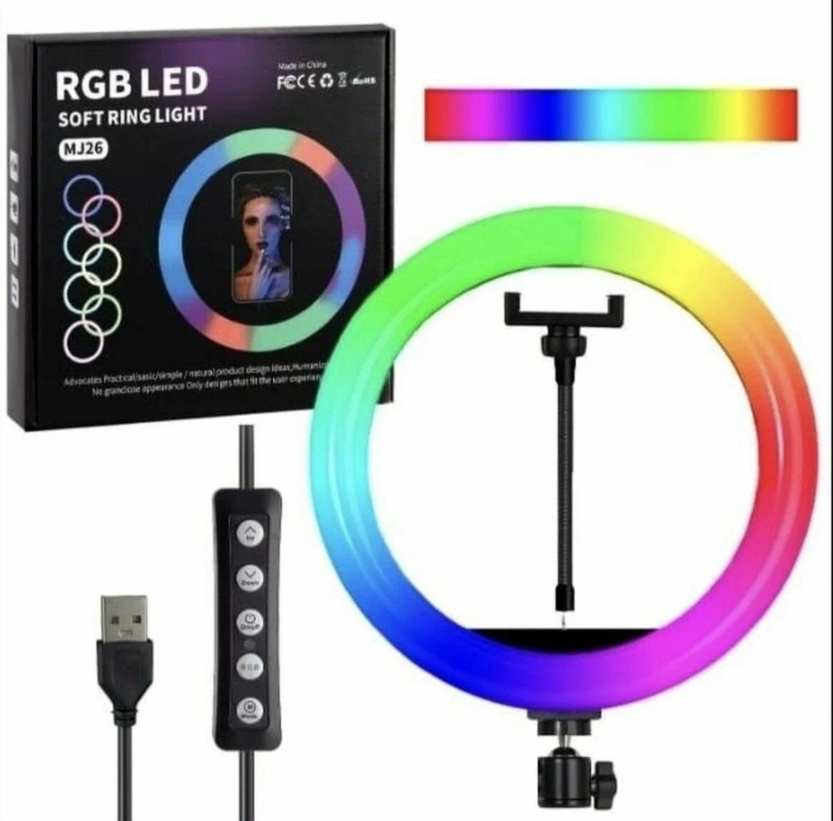 Светодиодная кольцевая лампа RGB для селфи диаметром 26см