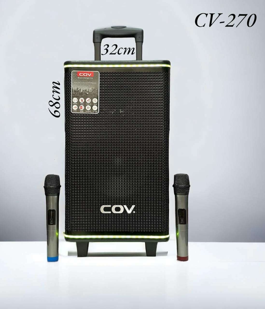 Портативная, акустическая колонка "CV-270" на колёсиках, функции FM-радио и караоке, можно подключить к любому телефону с Bluetooth. Aux, usb. Мощный звук.