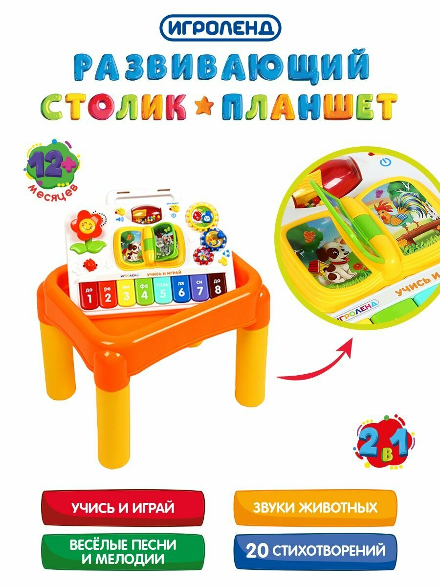 Игроленд Столик-планшет развивающий, звук, 2xАА, пластик, 43,5x32,7x34см