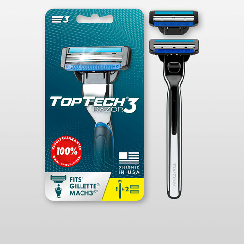 Мужская бритва TopTech Razor 3, США. Совместима с Gillette Mach3*. 1 бритва + 2 сменные кассеты. gillette razor refill cartridges mach3 8 pcs blue silver