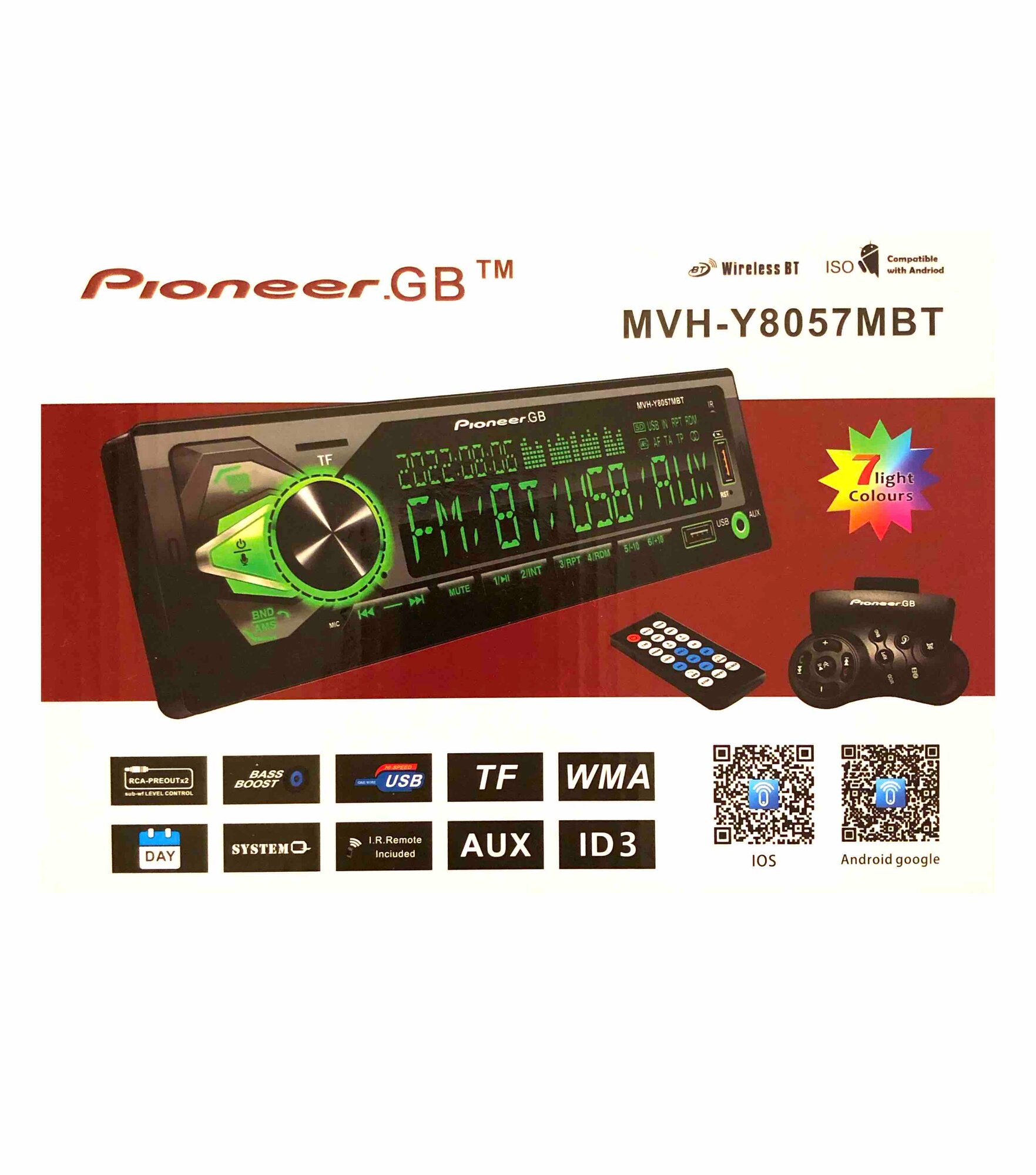 Магнитола Pioneer 1 din с Bluetooth / 12V / 7 цветов подсветки экрана / AUX / USB / Блютуз / Пульт на руль / Пульт ДУ / Пионер Y8057MBT