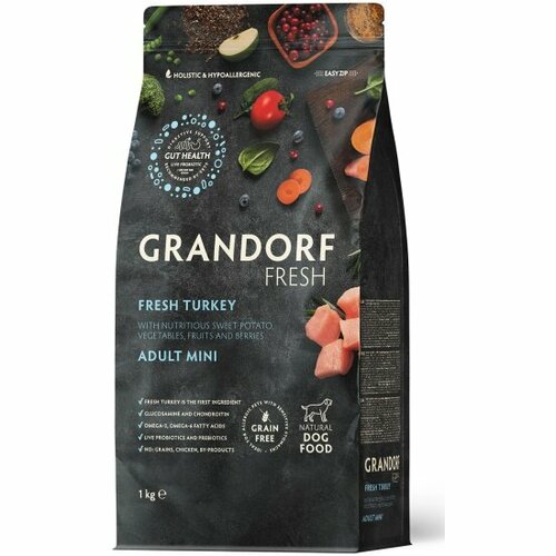 Корм сухой Grandorf Fresh , беззерновой с живыми пробиотиками, свежее мясо индейки с бататом для собак мелких пород, 1 кг