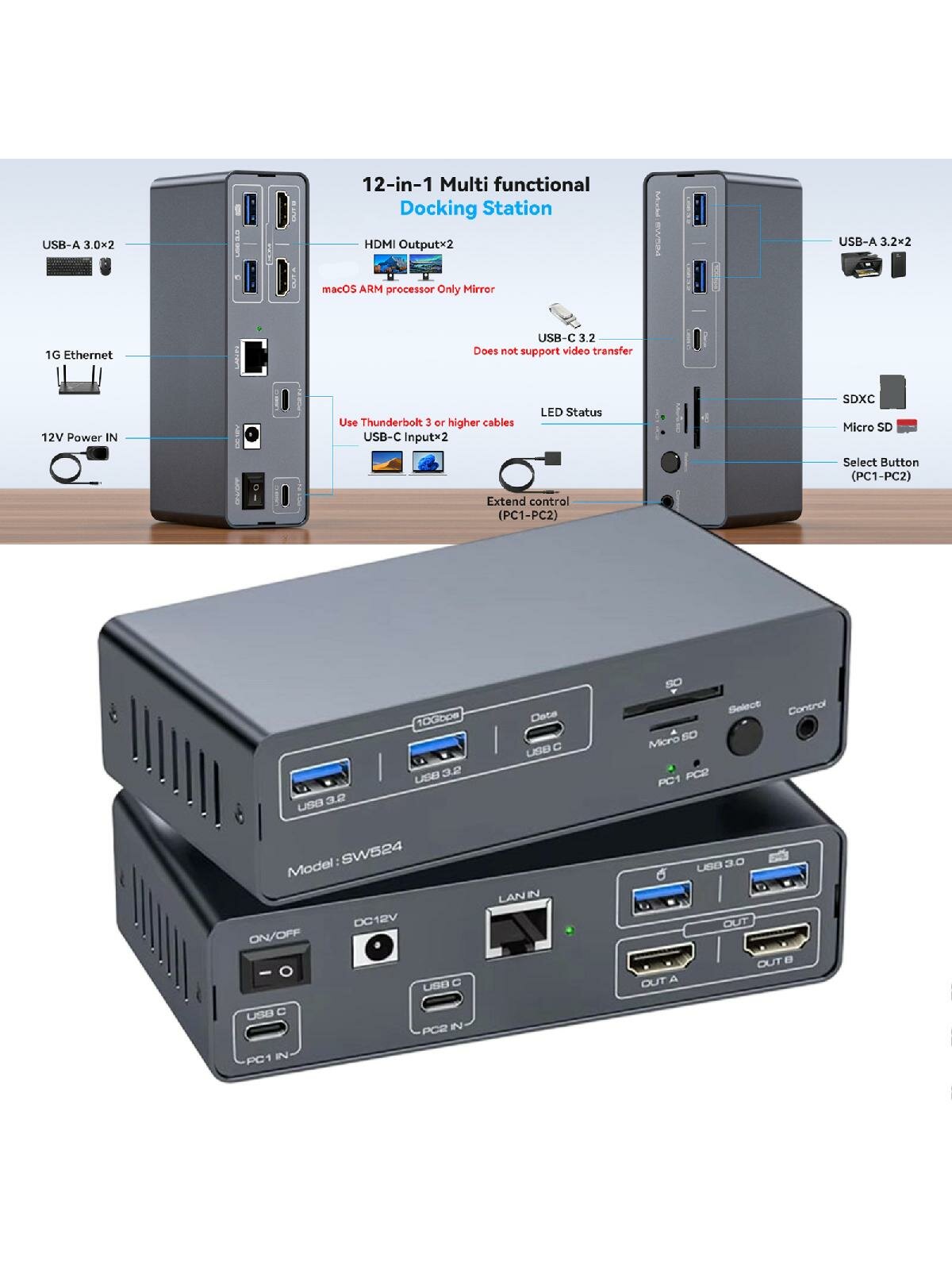 USB C KVM Docking Station KVM Switcher For Double Monitor 4K60Hz Video With USB 3.2 10Gbps And Gigabit Ethernet — фото 1