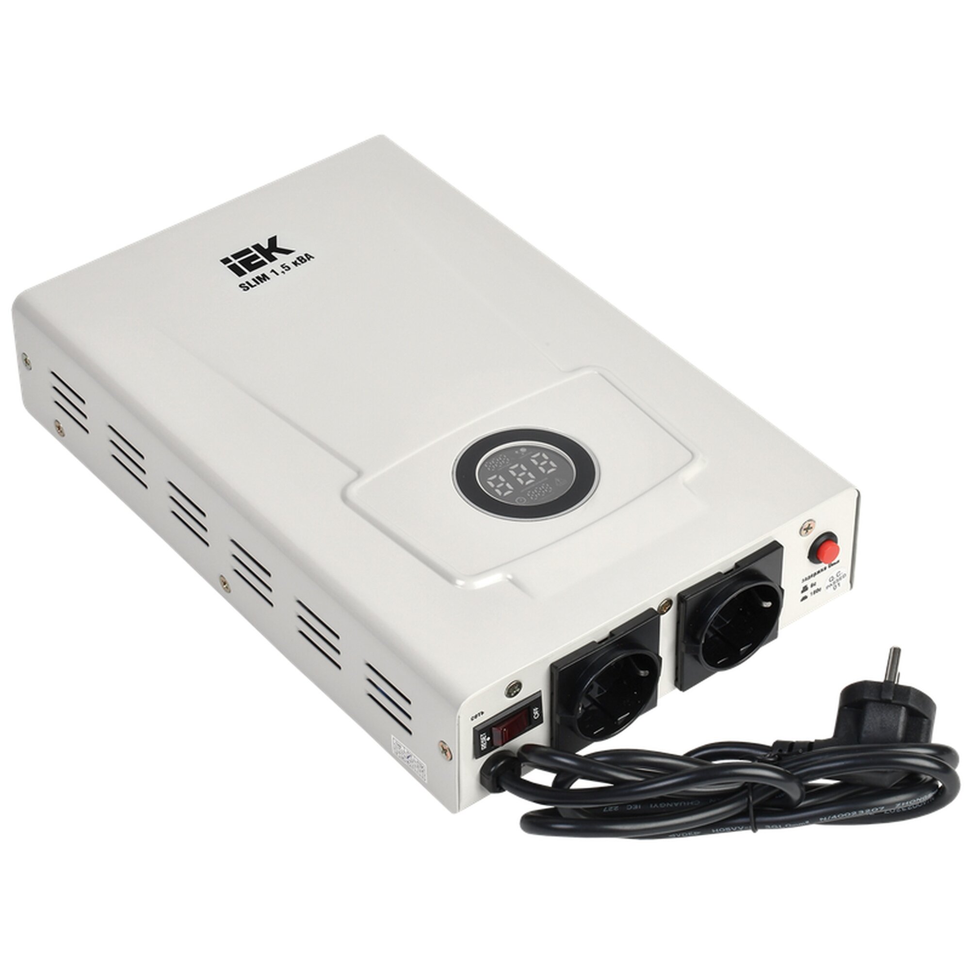 Стабилизатор напряжения IEK SLIM 15кВА релейный настенный 1500ВА 220В IP20 белый многофункциональный индикатор