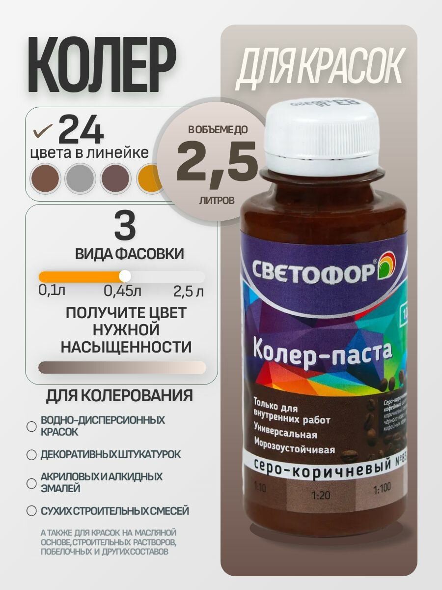 Колер для краски №83 серо-коричневый (0,1 л) светофор, колеровочная паста универсальная, колорант, для водоэмульсионной, для акриловой, для алкидной краски