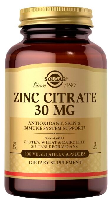 Капсулы SOLGAR Zinc Citrate 30 мг, 30 мг, 100 шт.