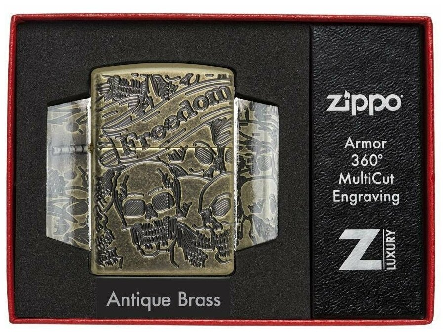 Зажигалка Zippo 49035 Бензиновая Armor Freedom Skull Antique Brass - фотография № 11