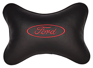 Автомобильная подушка на подголовник экокожа Black (красная) с логотипом автомобиля FORD
